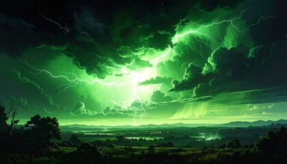 bright green neon lightning in the luminous sky