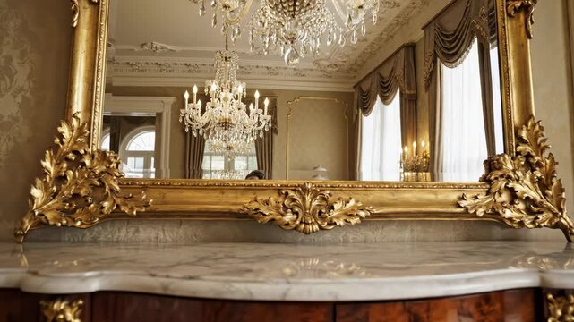 Elegant Interior Reflection - Chandelier and Mirror in Ornate Room.