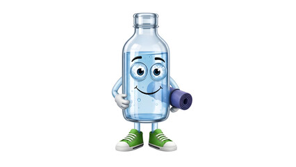 Cute 3D Water Bottle Character Holding Yoga Mat and Wearing Sneakers