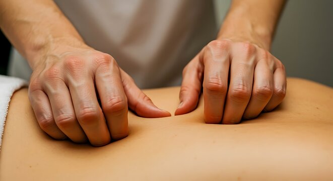 Massage therapist hands on bare back massage therapy