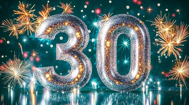 Festive thirtieth anniversary celebration with silver number and dazzling fireworks display.