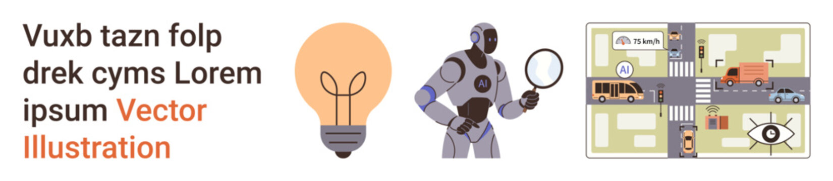 Artificial intelligence, innovation, smart city planning, traffic monitoring, technology development, urban design. Robot analyzing data, light bulb smart city map. Artificial intelligence