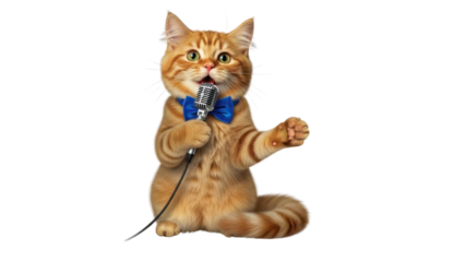 Cute Ginger Tabby Cat Wearing Blue Bow Tie and Holding Microphone isolated PNG with Transparent Background