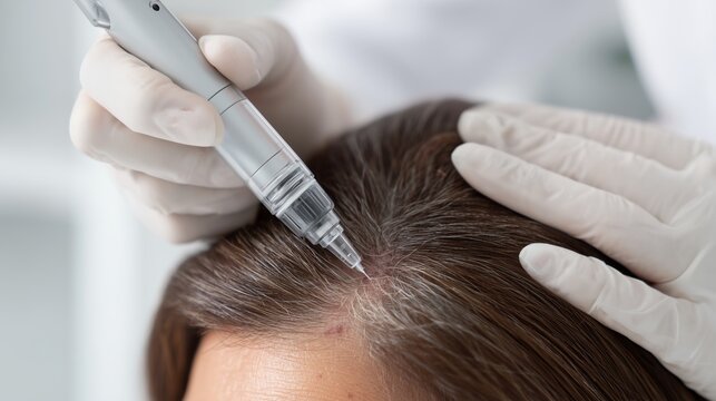 Microneedling treatment session for hair restoration in a salon setting with a client experiencing hair loss due to alopecia
