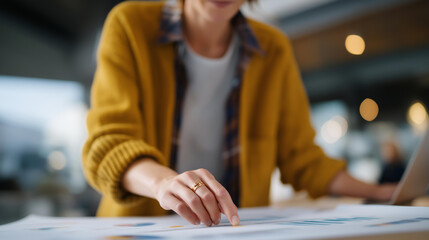 An executive reviewing a detailed presentation on working on a brand strategy that influences brand storytelling and customer connection, surrounded by branding materials and analytics to drive