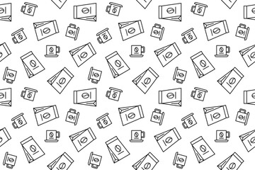 Obraz premium Seamless fish pattern with black outline icons of swimming fishes and bubbles. Minimalist aquatic background for sea life decor, kids bathroom textile, ocean theme wallpaper, and prints.