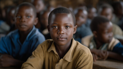 A classroom filled with children in outdated school materials reflects the impact of poverty on education, emphasizing the need for equitable resources and support to uplift vulnerable communities.