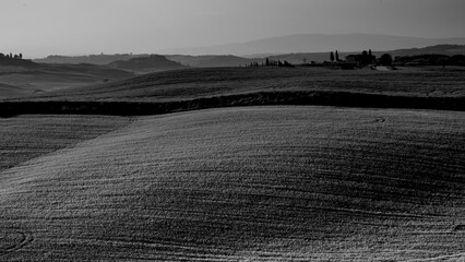 Naklejka premium Italia panorami della Toscana in bianco e nero. Provincia di Siena,Val D'Orcia e Chianti Senese. Toscana, Italia 