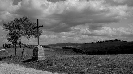 Naklejka premium Italia panorami della Toscana in bianco e nero. Provincia di Siena,Val D'Orcia e Chianti Senese. Toscana, Italia 