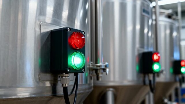 Close focus on alert lights integrated into milk silo IoT sensor network signaling hygiene and temperature thresholds to ensure safe milk storage protocols.