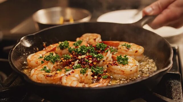 Shrimp cooking in pan close up culinary preparation