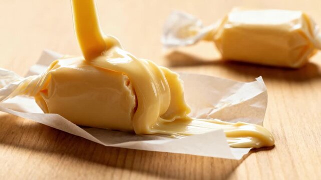 Medium shot capturing the creamy vanilla taffy pulling process highlighting the smooth elastic candy wrapped delicately in waxed paper.