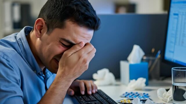 Man sneezing and rubbing his red, tired eyes, trying to work while sick at office.