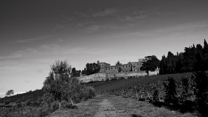 Naklejka premium Italia panorami della Toscana in bianco e nero. Provincia di Siena,Val D'Orcia e Chianti Senese. Toscana, Italia 