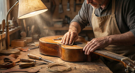 Master craftsman sanding wooden acoustic guitar body in workshop studio with warm lamp light and hand tools, skilled manual work and musical instrument craftsmanship.