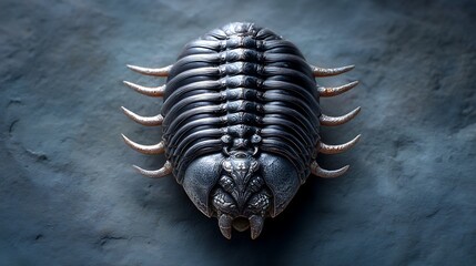 Obraz premium Trilobite fossil isolated on dark slate stone background with detailed texture and ancient prehistoric vibe