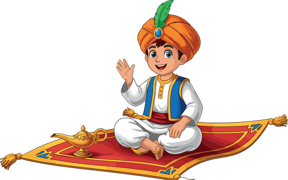 Cute Arabian boy flying magic carpet, Aladdin fairy tale character illustration, kids fantasy story, colorful cartoon vector