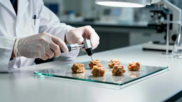 Closeup medium shot of a quality expert evaluating product texture handling small food samples with sensory testing instruments in a controlled laboratory environment.