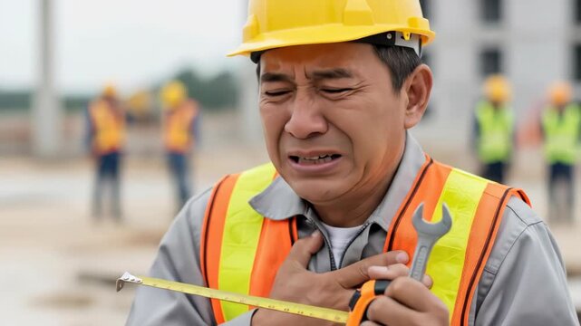 Asian man construction worker with cough and chest pain while working at building site, suffering from illness, cold, or flu footage
