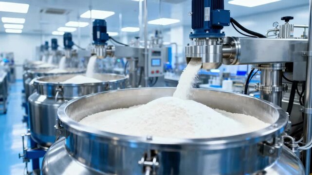 Closeup medium view of crosslinking agents being added to starch in hightech reactors within a clean organized chemical processing facility.