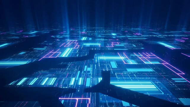 Futuristic digital landscape with glowing blue and pink circuit patterns. Represents advanced technology, data processing, and digital innovation