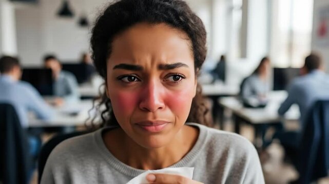 Woman with red nose blowing her nose with a tissue in an office during cold or flu illness, video footage