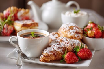 Pastry coffee and fresh strawberry breakfast selection
