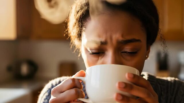 Ill young african american woman with a cold inhales steam from a hot drink in a white mug to relieve congestion, health care footage