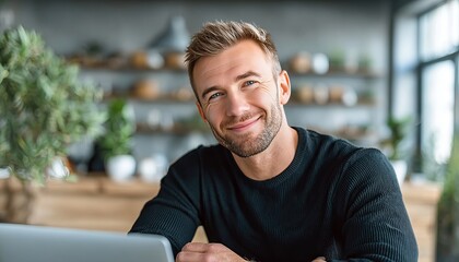 Fototapeta premium Young Man Working from Home on Laptop, Smiling While Browsing News and Focusing on Tasks