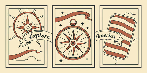 Explore America Triptych with Compass Rose, Central Banner, and Stylized U.S. Map in Retro Palette, USA, United States