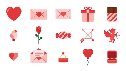Valentine's Day Icons: Hearts, Gifts, Roses, Envelopes, Cupid, Chocolate, Ring