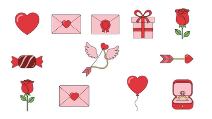 Valentine's Day Icons: Hearts, Roses, Gifts, Cupid, Rings, Envelopes, Balloon