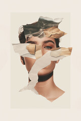 female portrait collage, woman identity concept, torn magazine cut-out, rough paper texture, modern femininity art, minimalist editorial poster, emotional but calm mood, contemporary collage aesthetic