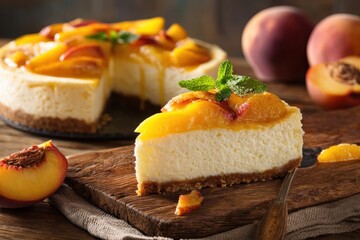 Peach topped cheesecake on a wooden surface