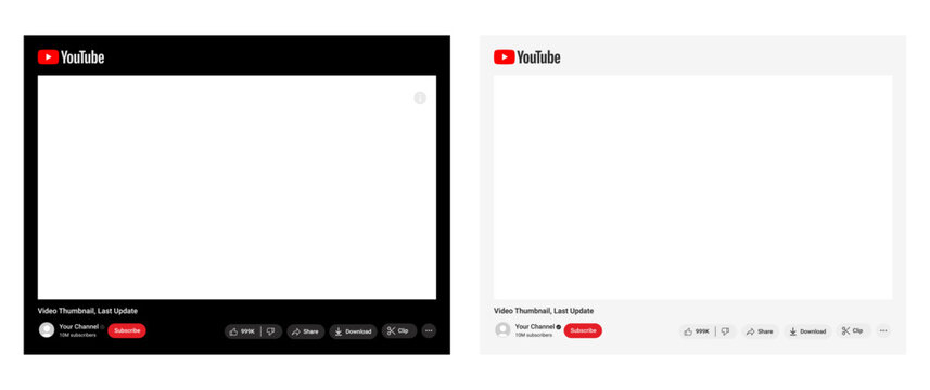 Youtube mockup social media template. YouTube adaptive video player mockup showing dark and light modes with volume mute like dislike share save download timeline. Transparent background