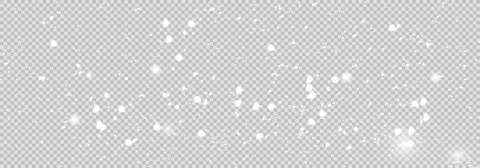 Falling snow dust and snowflake overlay. Transparent white winter background with realistic snowfall for festive design.