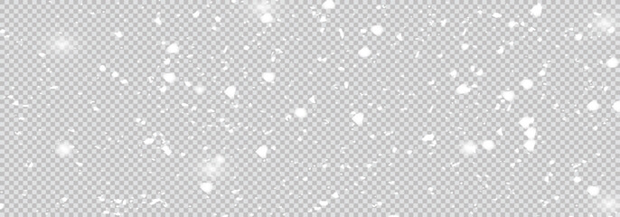 Realistic falling snow. Winter background. Isolated on transparent background.