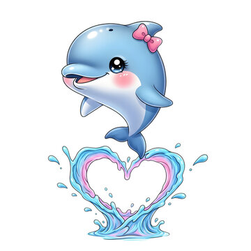Cute cartoon dolphin with a pink bow, leaping through a heart-shaped water splash, illustration