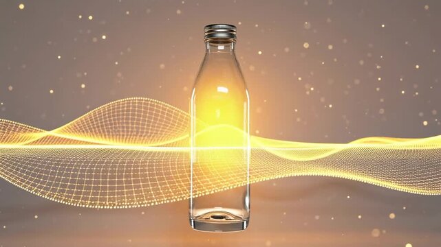 Clear glass bottle illuminated by a glowing light with abstract sound wave patterns in the background, creating a dynamic visual effect