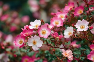 Penelope hybrid musk roses with pink and white blooms in a garden August 2023