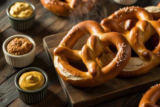 Steaming hot pretzels on wooden board with dipping sauces