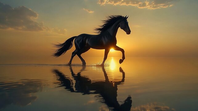 Majestic Friesian Horse Galloping Gracefully in Golden Water During a Stunning Sunset Reflection