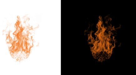 Vibrant orange flames isolated on transparent background and black background