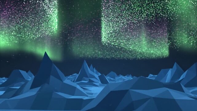 Low poly mountain landscape illustration with green aurora borealis and starry night sky for poster and website background