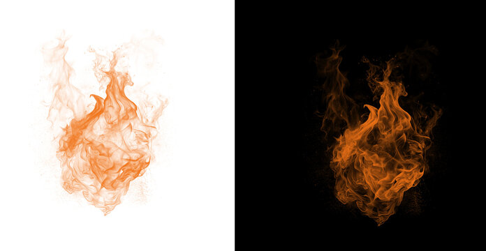 Vibrant orange flame on white and black backgrounds contrasted isolated on transparent background