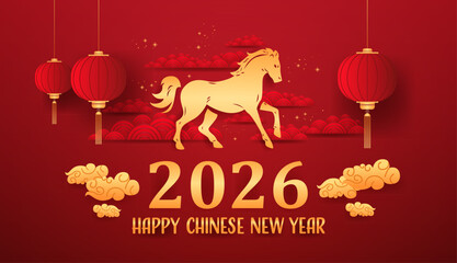 Fire Horse Chinese New Year 2026 red lanterns golden clouds festive background traditional Asian art © mast3r