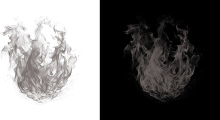 Smoke flames on white and black backgrounds for design elements isolated on transparent background