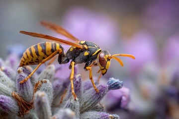 Polistes dominula wasp on cotton lavender