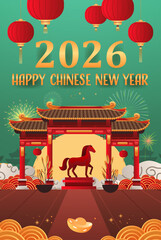 Fire Horse Chinese New Year 2026 celebration traditional red lanterns pagoda fireworks gold ingot festive background