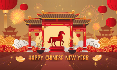 Fire Horse Chinese New Year 2026 celebration traditional red gate horse statue fireworks lanterns gold ingots festive background